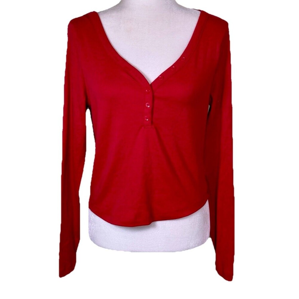 Women’s Y2K Red Long Sleeve Henley Deep V Neck‎ Top Basic Layering Casual Sz Lg